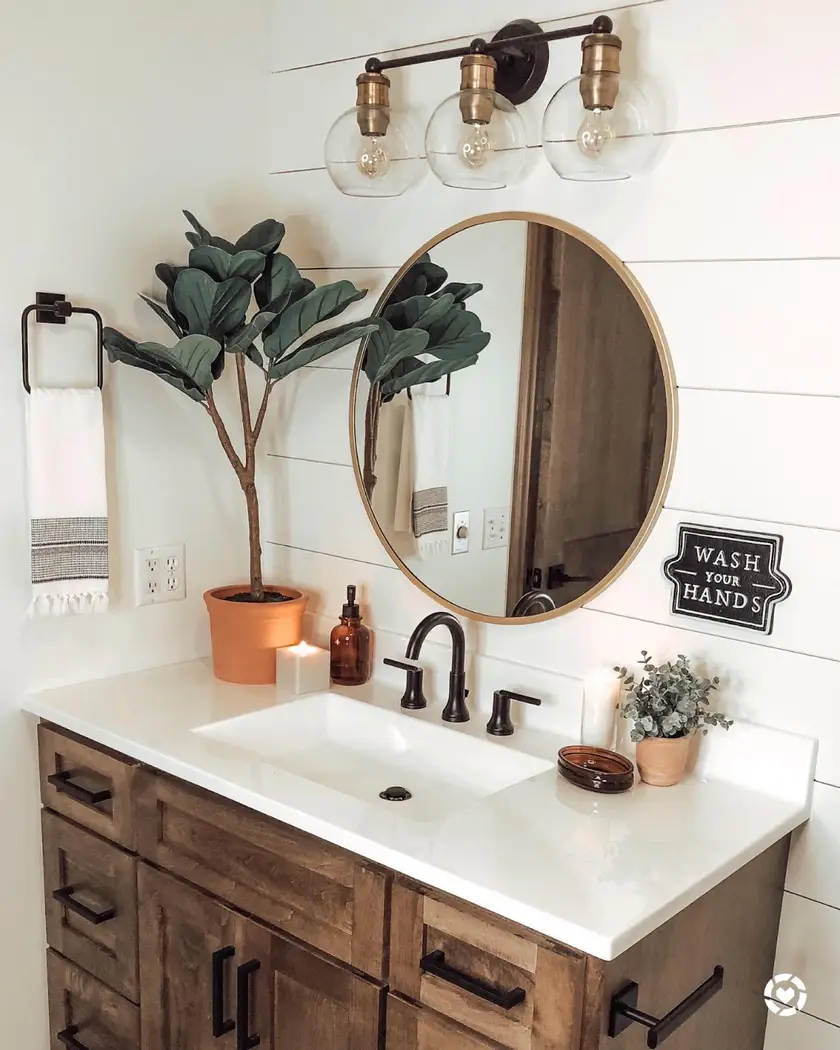 Modern farmhouse vanity with rustic wood cabinet, brass-framed round mirror, black faucet, terracotta planter, and white shiplap wall