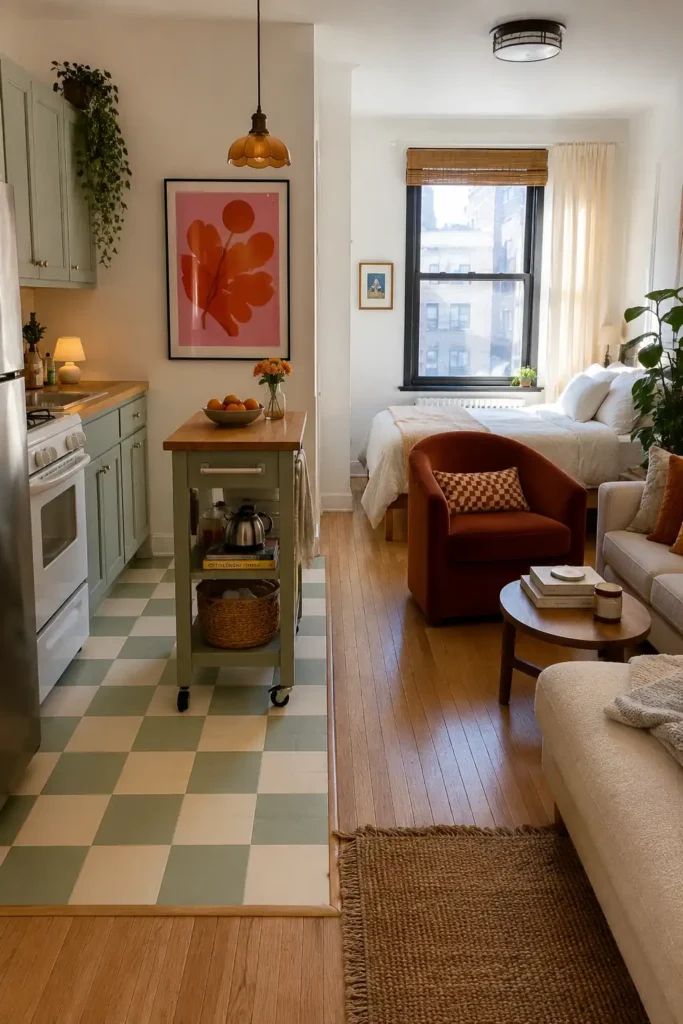 Colorful studio apartment with a cream and sage checkerboard kitchen floor separating the cooking area from the living space.