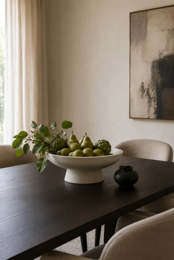 White footed bowl filled with green pears, artichokes, and leafy branches beside a small black vase.