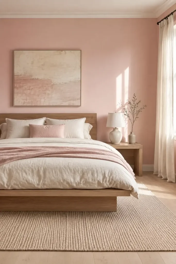Minimal shell pink bedroom with cream bedding, a pale oak bed, sheer curtains, and understated artwork.