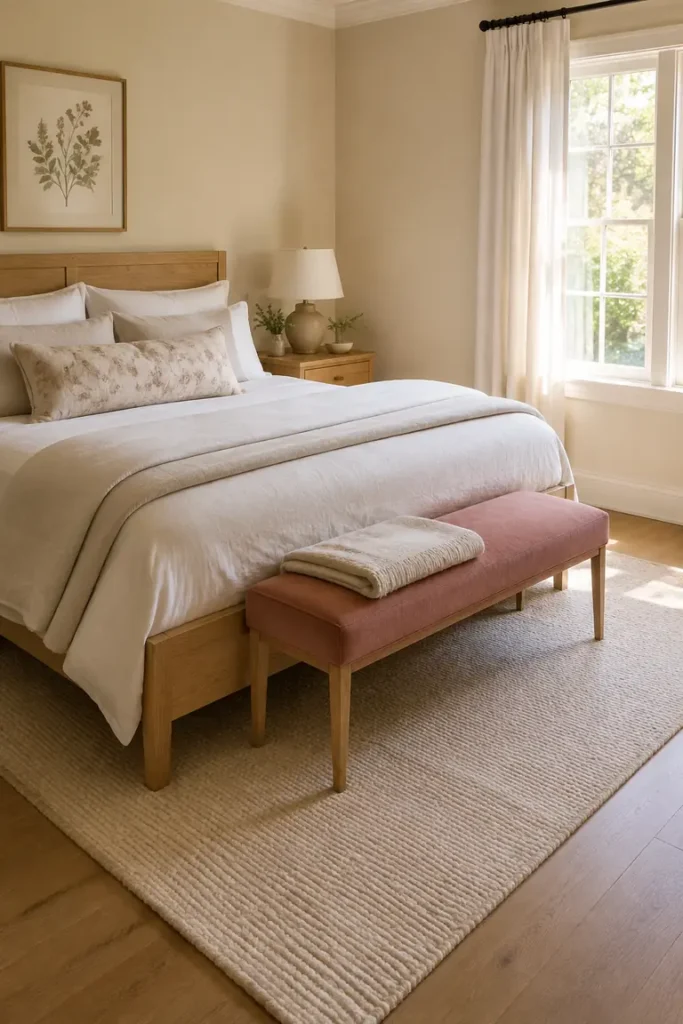 Rose pink upholstered bench positioned at the foot of a neutral bed.
