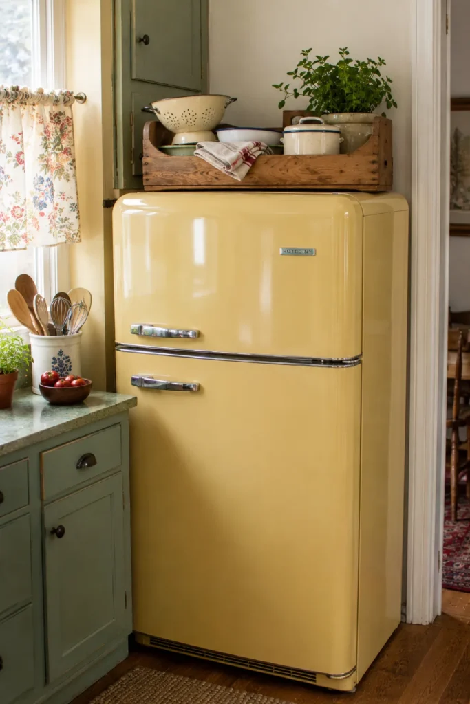 Yellow refrigerator topped with a deep wooden tray holding serving bowls, a colander, folded linens, and a potted plant.