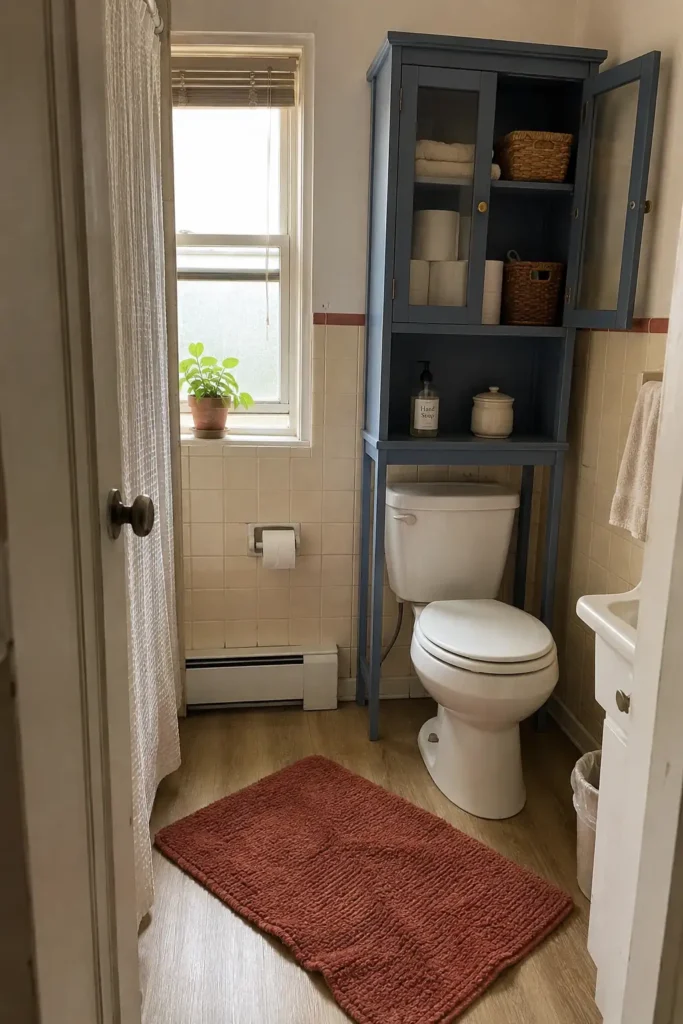 Tall blue over-the-toilet hutch with glass doors storing folded towels, toilet paper, baskets and bathroom supplies