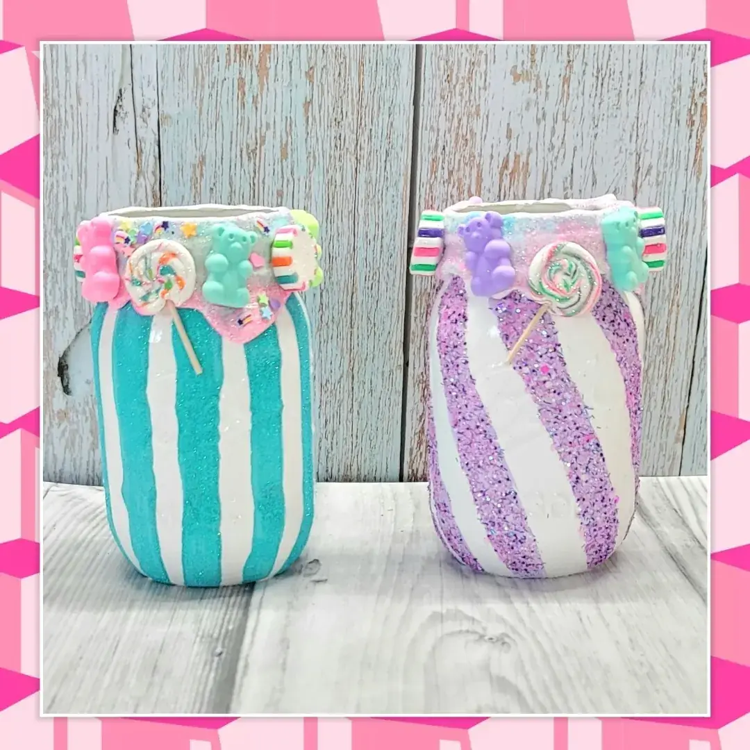 Colorful teal and purple candy striped mason jars decorated with glitter and playful candy details