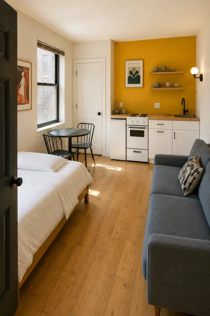 Small studio apartment with a mustard yellow kitchen wall, white cabinets, round dining table, and gray sofa.