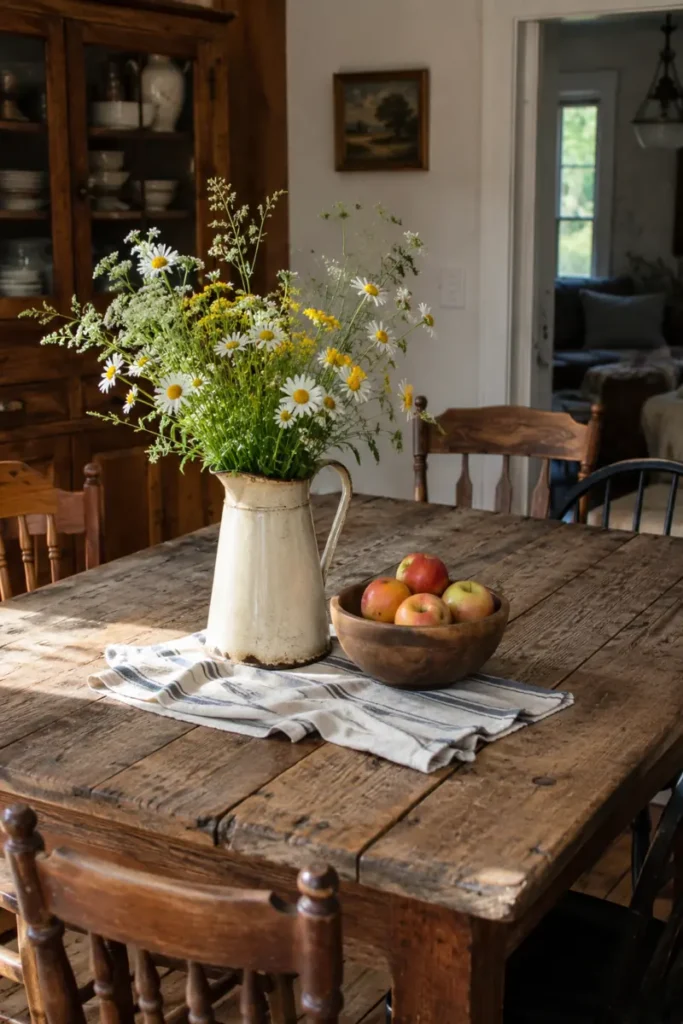 Cream enamel pitcher of daisies and yellow wildflowers beside a wooden bowl of apples.