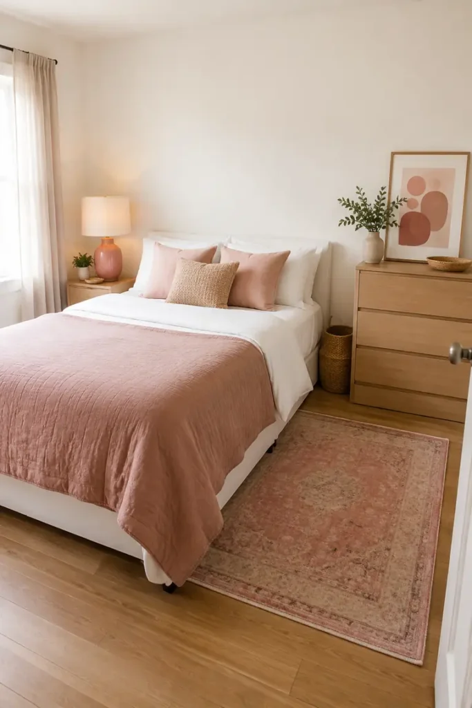 Rental bedroom decorated with rose pink pillows, artwork, and removable accessories.