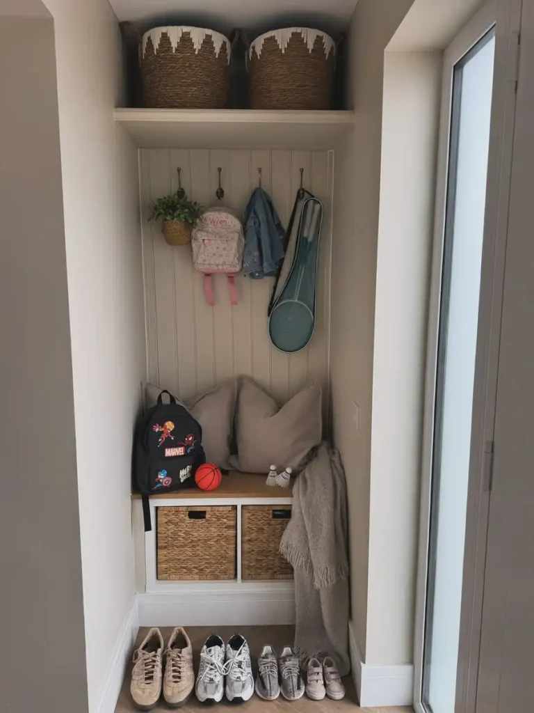 Small entryway nook turned into a mini mudroom with hooks, bench, woven baskets, and shoe storage.