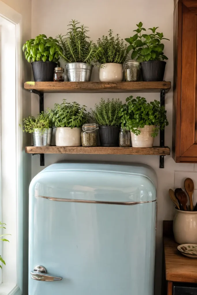 Pale blue refrigerator beneath two wooden shelves filled with potted kitchen herbs in mixed containers.