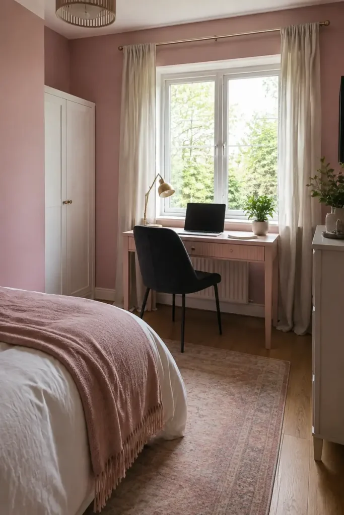 Compact pink bedroom with a desk beneath the window, a black chair, mauve bedding, and a patterned rug.