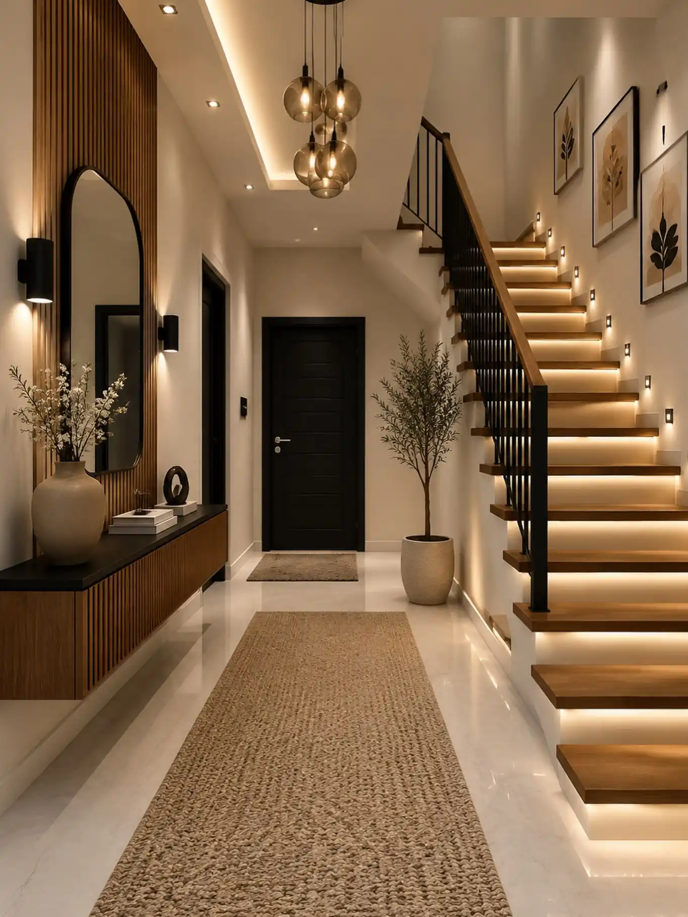 Modern entry hallway with illuminated stairs, wood slat wall, floating console, black doors, and layered lighting