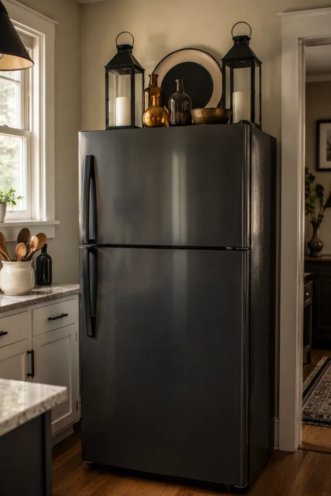 Dark refrigerator topped with black lanterns, a round metal tray, amber glass bottles, and a metallic bowl.