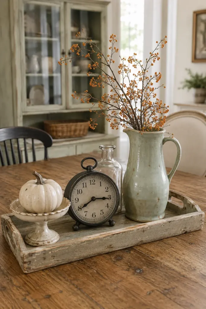 Distressed wooden tray with a vintage clock, berry-filled pitcher, glass bottle, and small white pumpkin.
