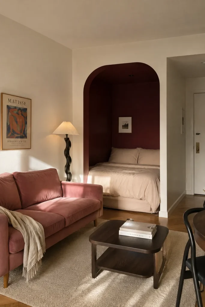 Cozy studio apartment with a bed tucked inside a deep burgundy arched alcove beside a soft pink living area.