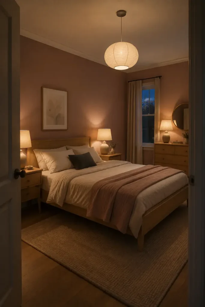Rose pink bedroom illuminated by pendant, bedside, and accent lighting.