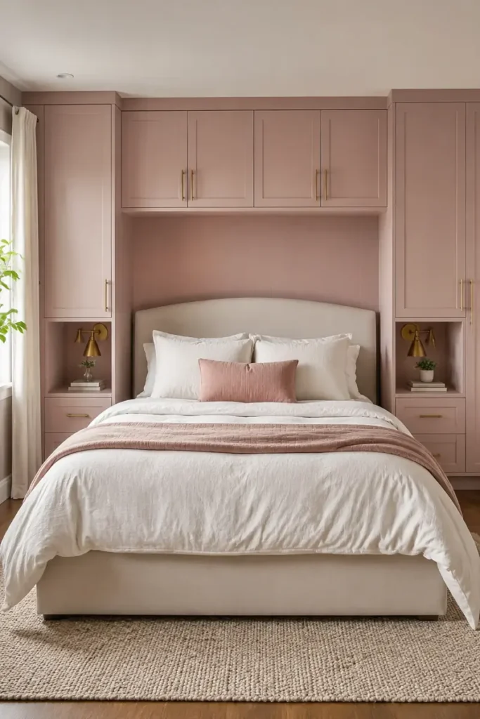 Blush built-in cabinets framing an upholstered bed with integrated shelving and concealed bedroom storage.