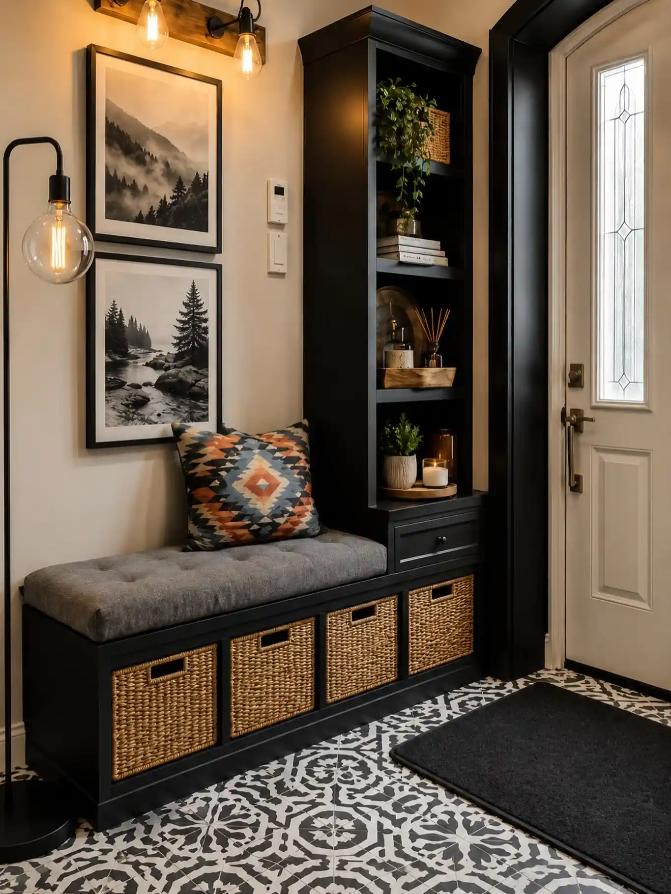 Hallway built-in bench with black cabinetry, gray cushion, woven baskets, open shelving, framed art, and patterned floor