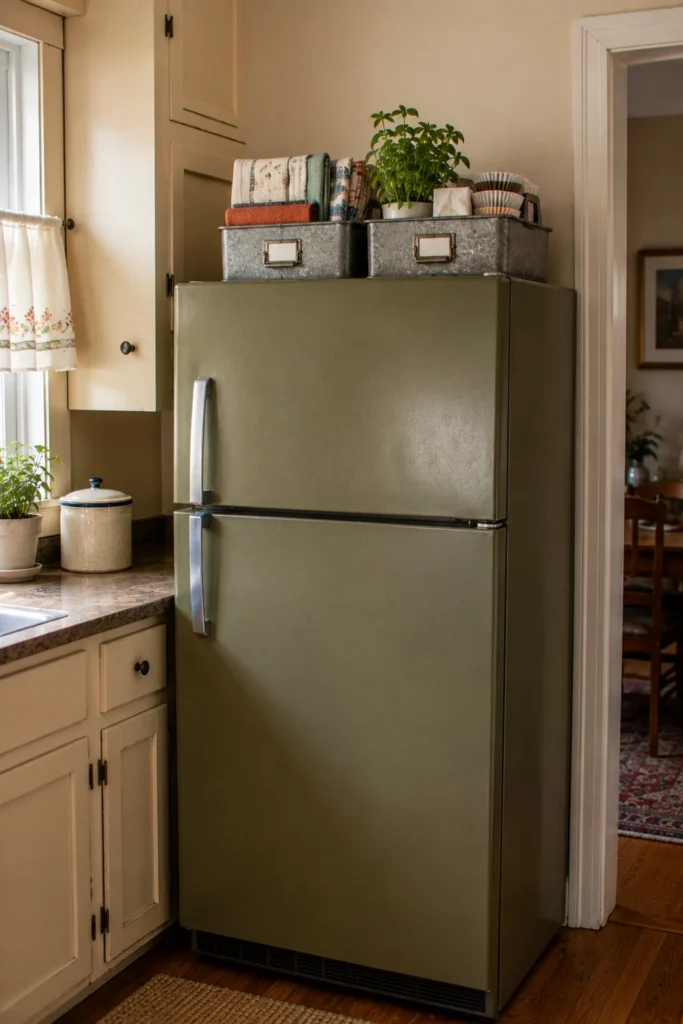 Refrigerator topped with two galvanized metal bins holding folded kitchen linens, lightweight supplies, and a small plant.