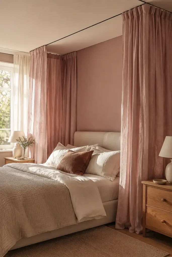 Neutral bed enclosed by soft pink ceiling-mounted curtains, creating an elegant and cozy sleeping nook.