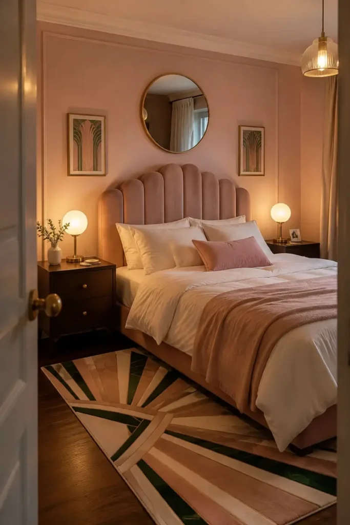 Blush Art Deco bedroom with a scalloped headboard, brass lighting, a round mirror, and a geometric rug.