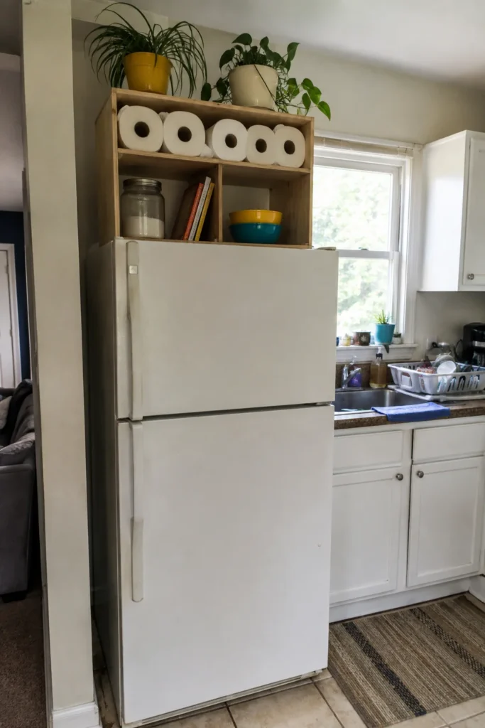Refrigerator topped with a wooden cubby storing paper towel rolls, cookbooks, pantry jars, colorful bowls, and houseplants.