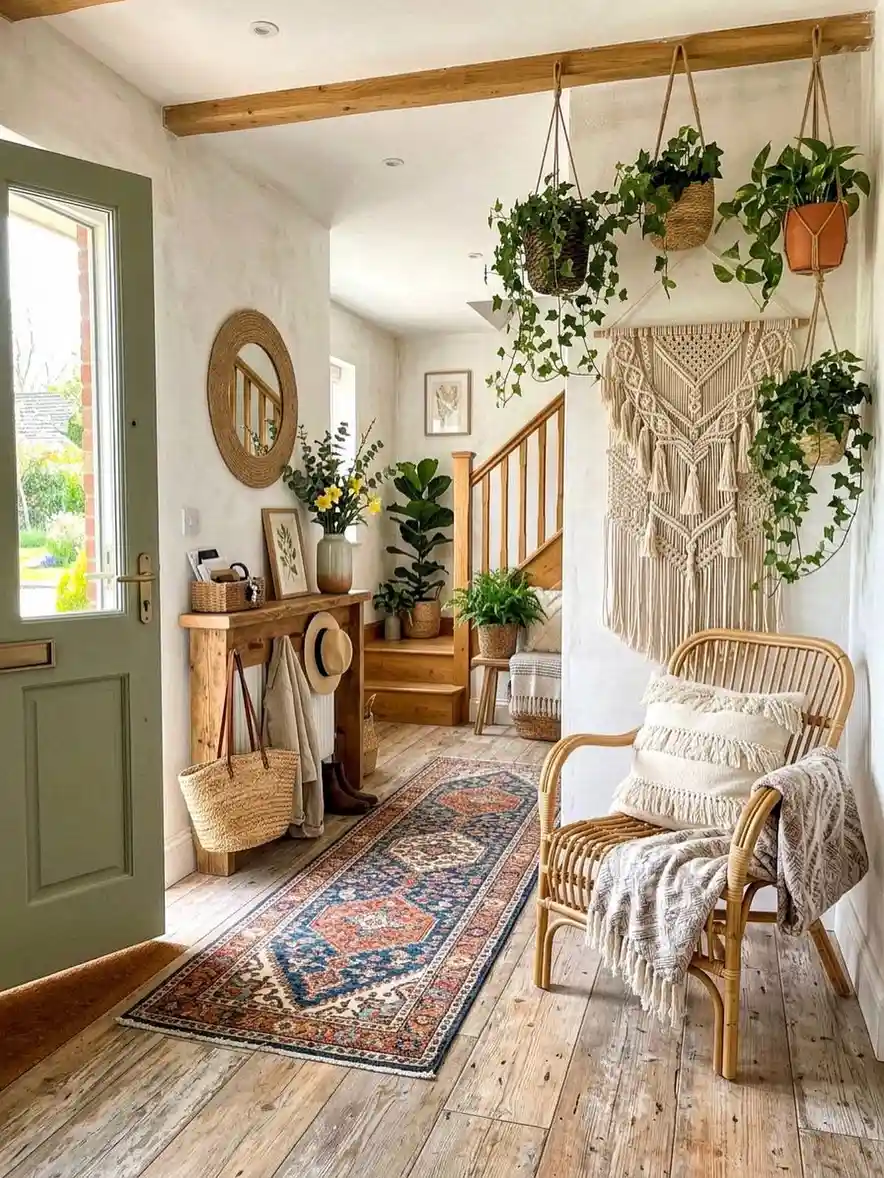Boho hallway with rattan chair, macrame wall hanging, hanging plants, woven baskets, wood console, and patterned runner