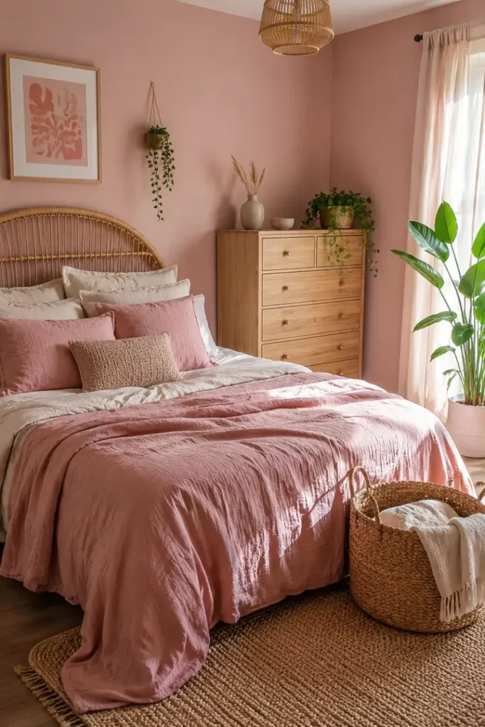 Boho bedroom with a rattan headboard, faded pink bedding, woven textures, natural wood, and leafy plants.
