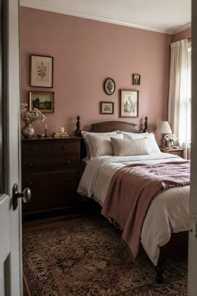Vintage pink bedroom with dark wood furniture, collected framed artwork, muted bedding, and a patterned rug.