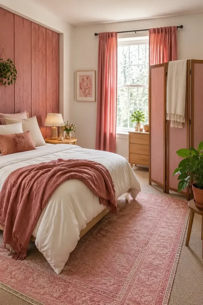 Renter-friendly bedroom with pink fabric panels, coral curtains, a matching throw, and a dusty rose rug.