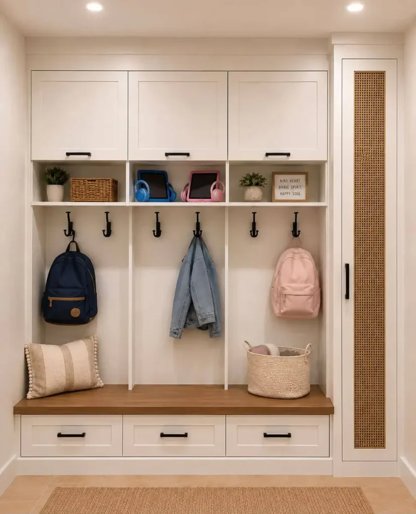 Built-in mudroom storage with backpacks on hooks, upper cabinets, open shelves, bench drawers, and hidden storage.