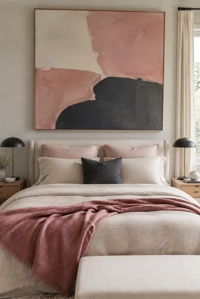 Oversized abstract artwork in pink, charcoal, and cream displayed above a neutral upholstered bed.