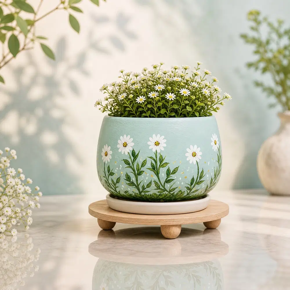 Pale blue green flower pot painted with white daisies, leafy stems, and tiny meadow details