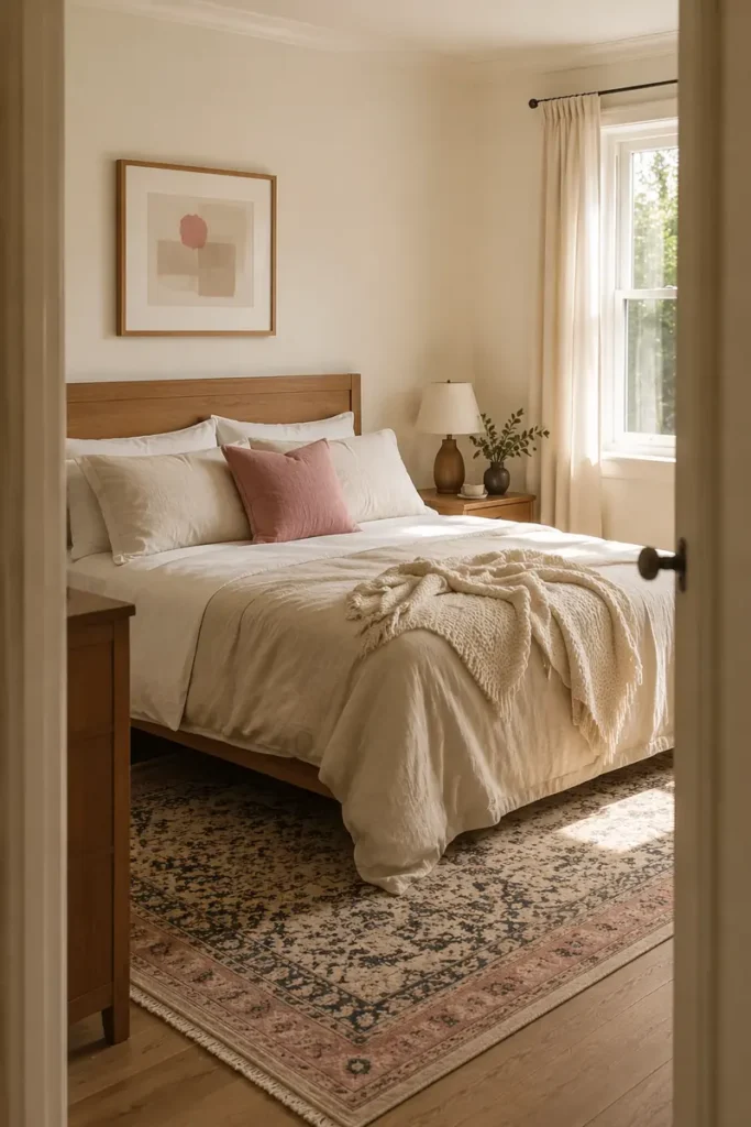 Neutral bedroom accented with pink through a blush cushion, framed artwork, and a vintage-style patterned rug.