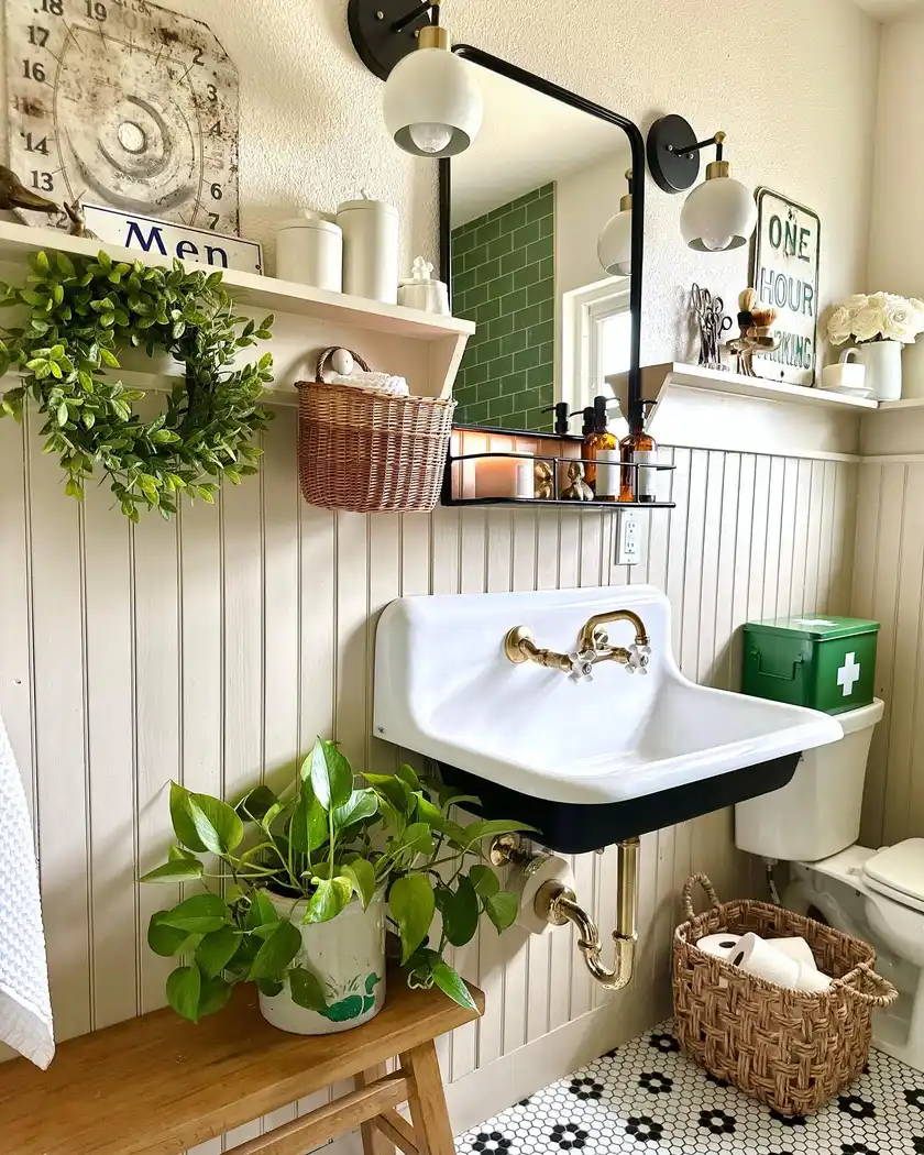 Vintage farmhouse bathroom with wall-mounted utility sink, beadboard walls, wicker storage, wood bench, and black-and-white tile floor