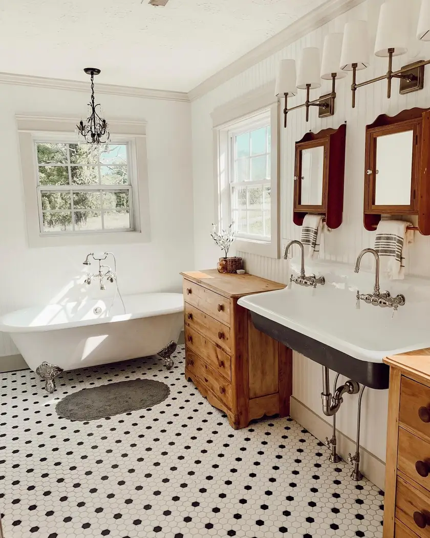 Vintage farmhouse bathroom with clawfoot tub, wall-mounted sink, antique wood dressers, beadboard walls, and black-and-white penny tile