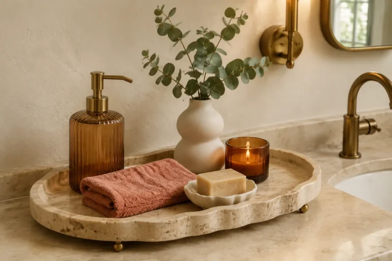 Scalloped stone bathroom tray with an amber soap dispenser, coral towel, candle, bar soap, and eucalyptus vase.