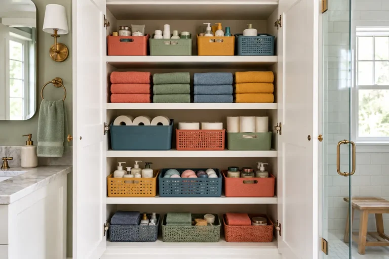 Color coded bathroom closet organization with coral, sage, blue, and mustard storage bins, neatly folded towels, toiletries, and toilet paper.