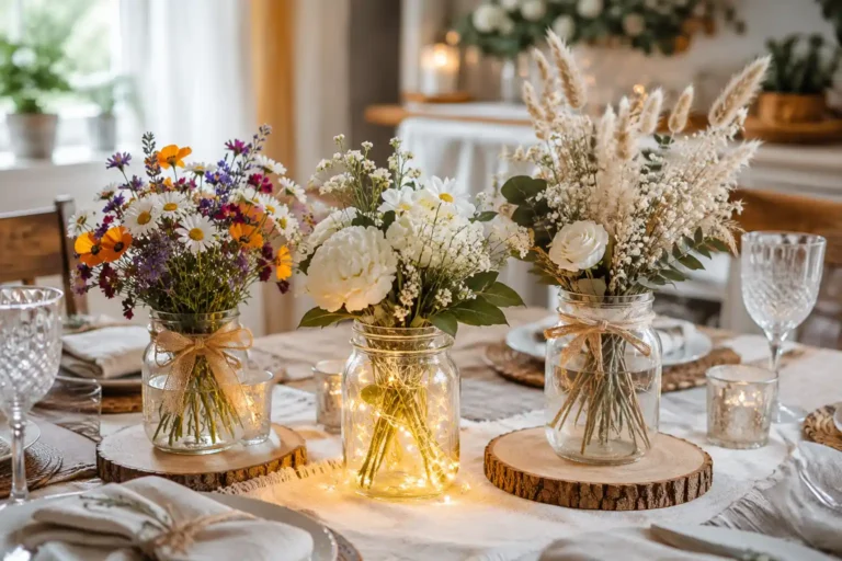 Rustic DIY mason jar centerpieces with wildflowers, white blooms, dried grasses, fairy lights, and wood slice accents on a dining table