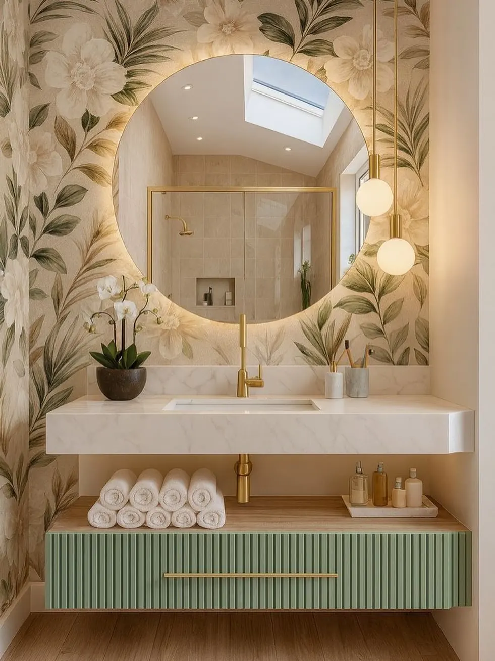 Modern guest bathroom with large floral wallpaper, round backlit mirror, floating white sink, gold fixtures and green fluted vanity