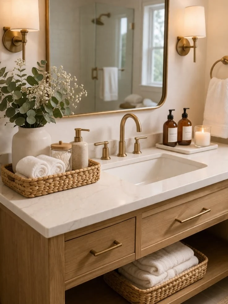 Warm guest bathroom vanity with woven basket of rolled towels, cotton swabs, soap bottles, brass fixtures and greenery