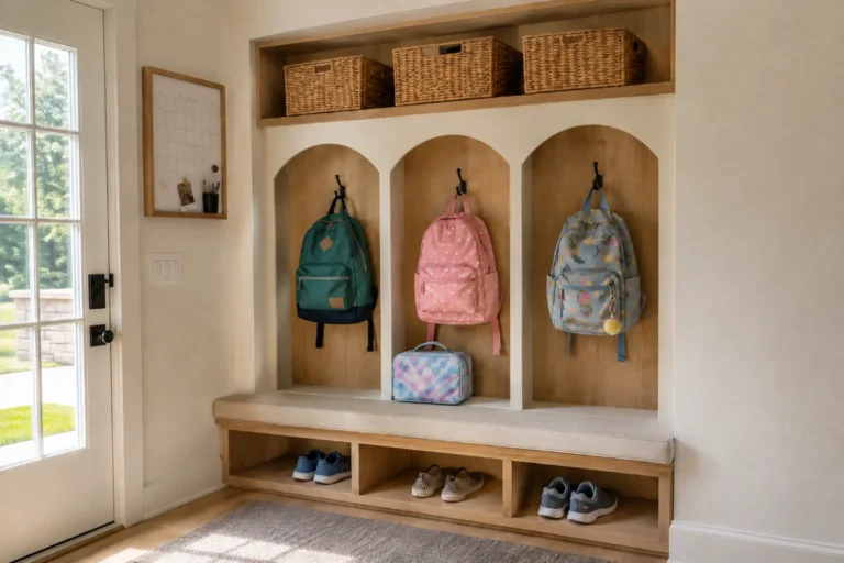 Built-in back-to-school entryway with three backpack cubbies, woven baskets, cushioned bench, shoe storage, and a wall calendar.