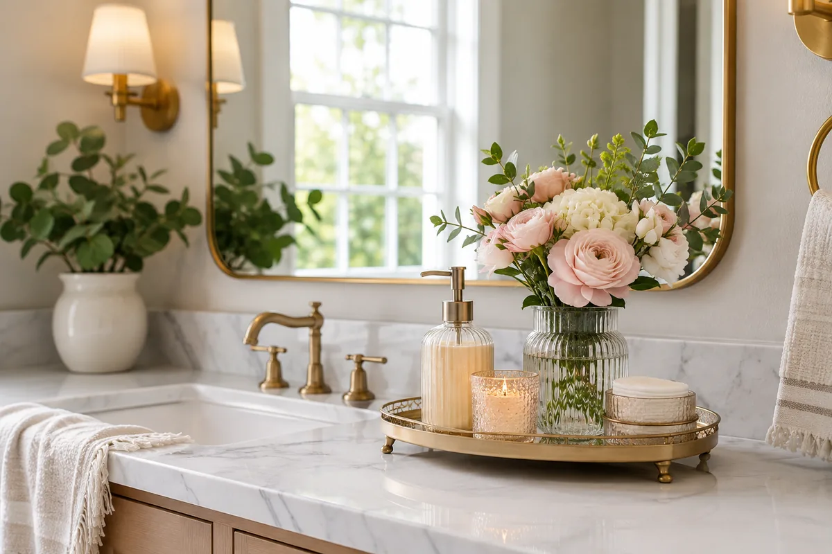 Elegant bathroom counter with a gold tray, pink and white flowers, soap dispenser, candle, brass fixtures, and a bright marble vanity.