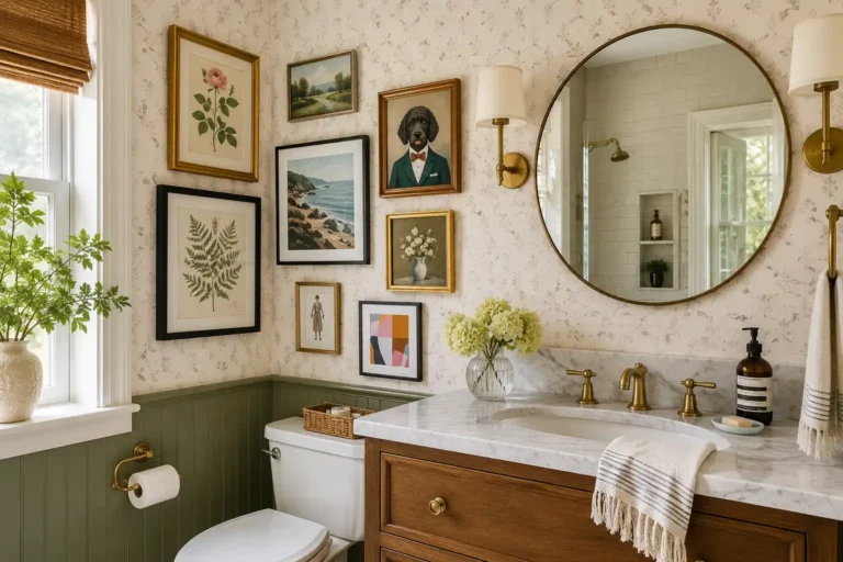 Eclectic bathroom gallery wall with botanical, coastal, portrait, and abstract art in mixed frames beside a round brass mirror.