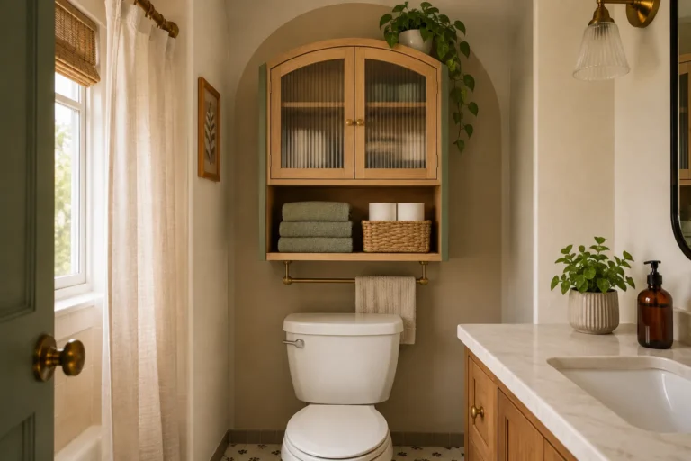 Warm small bathroom with an arched wood cabinet above the toilet, open storage shelf, towels and woven basket