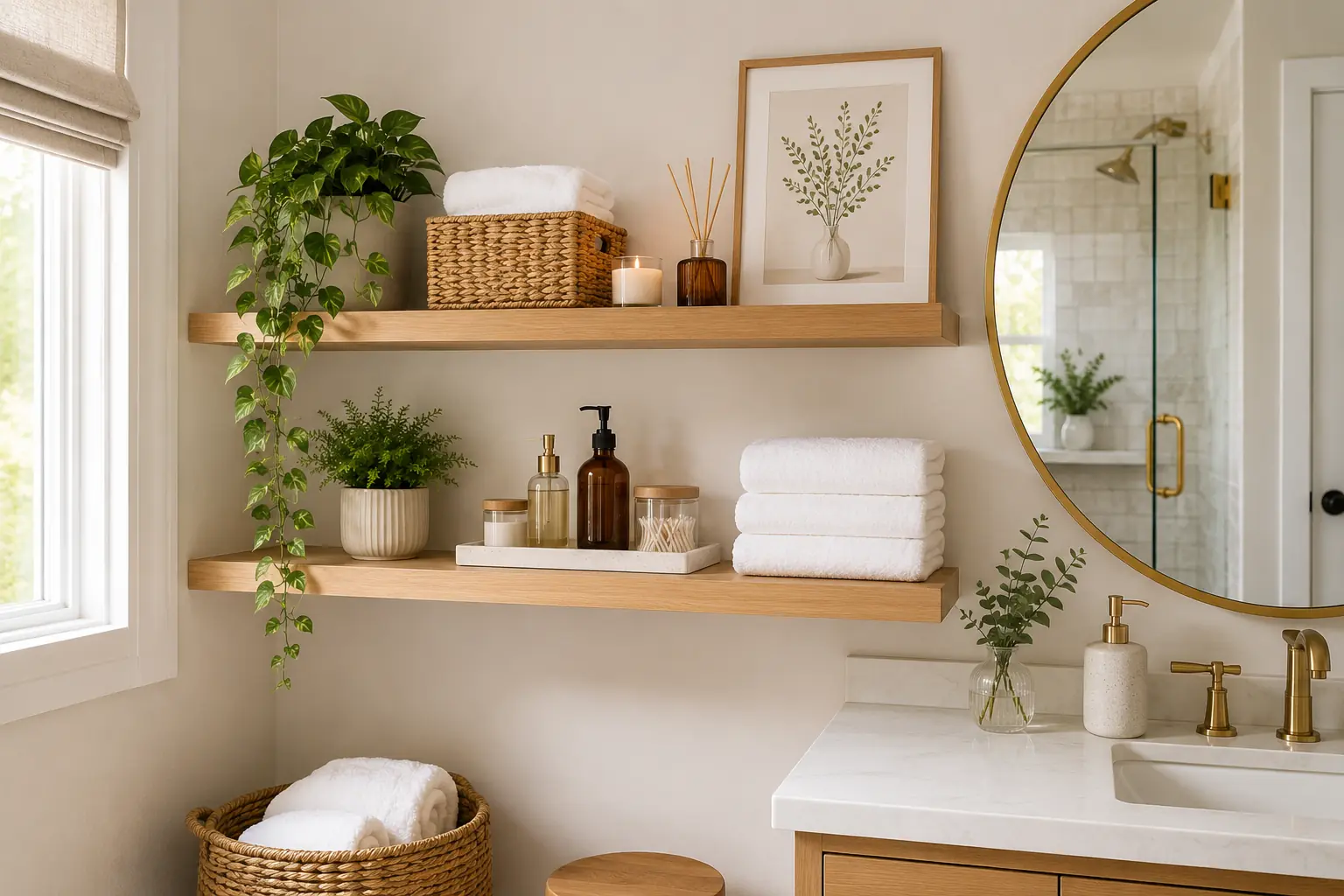 Bright bathroom with light wood floating shelves styled with white towels, woven baskets, greenery, amber bottles, candles, and framed botanical art beside a brass mirror.