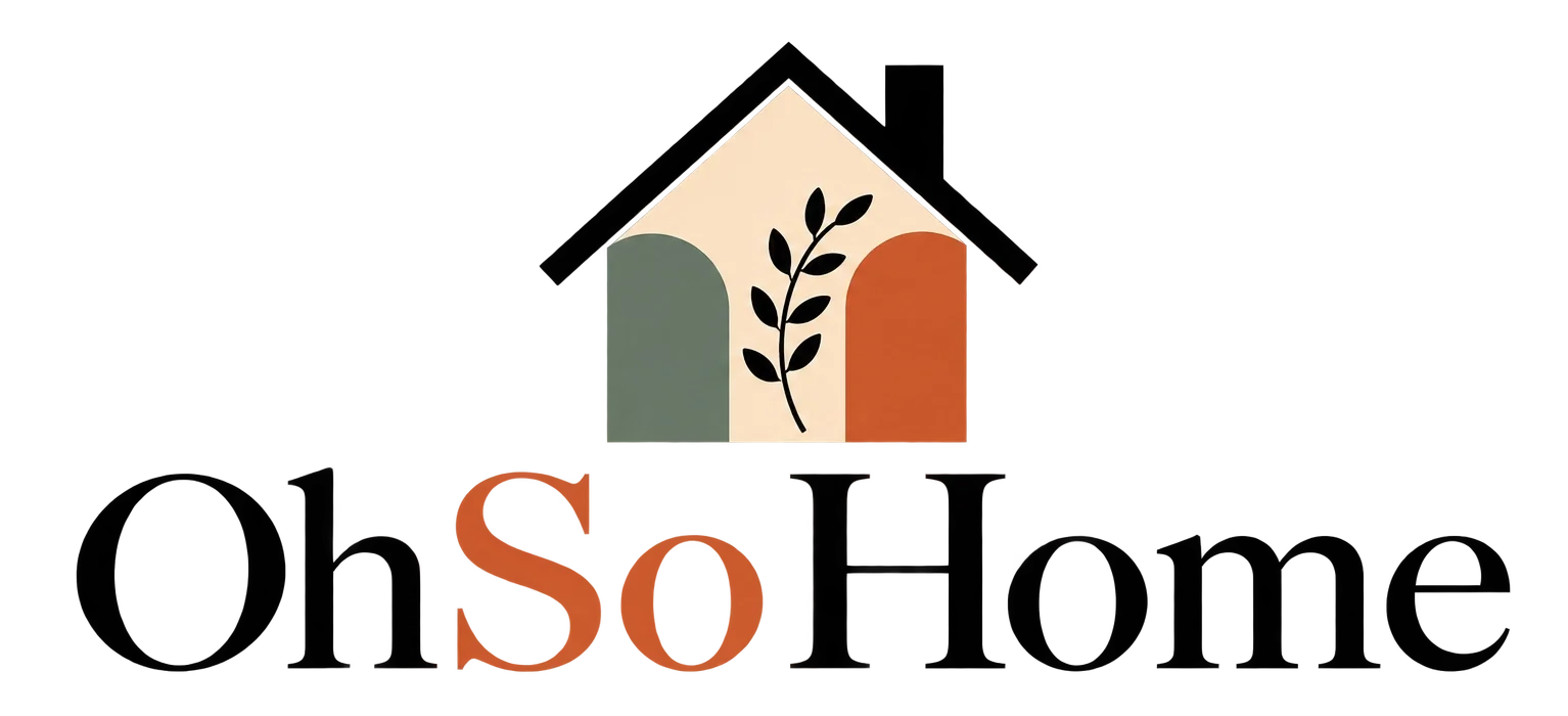 OhSoHome logo with a minimalist house icon, botanical detail, muted green and terracotta accents, and elegant serif text.