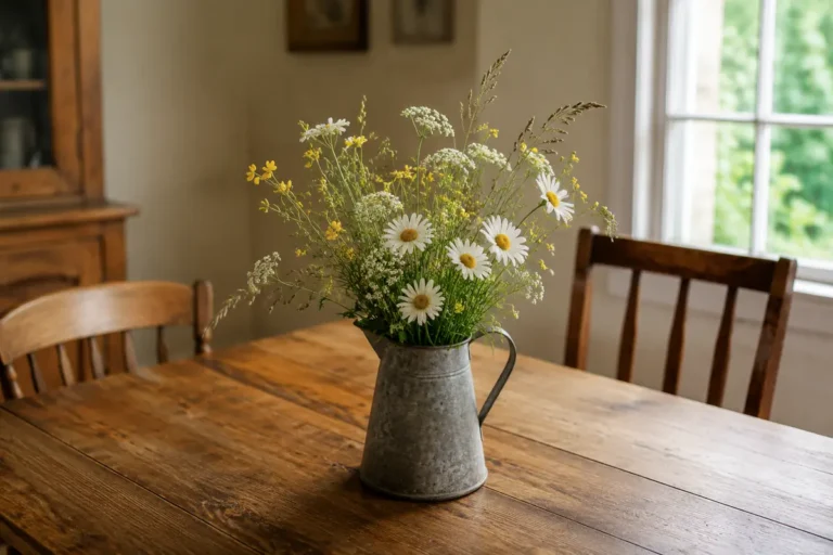 Galvanized pitcher filled with daisies and wildflowers on a rustic wooden dining table.