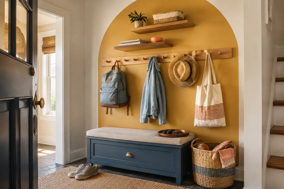 Colorful entryway drop zone with a dusty blue storage bench, mustard arch, wooden peg rail, floating shelves, and a woven basket.