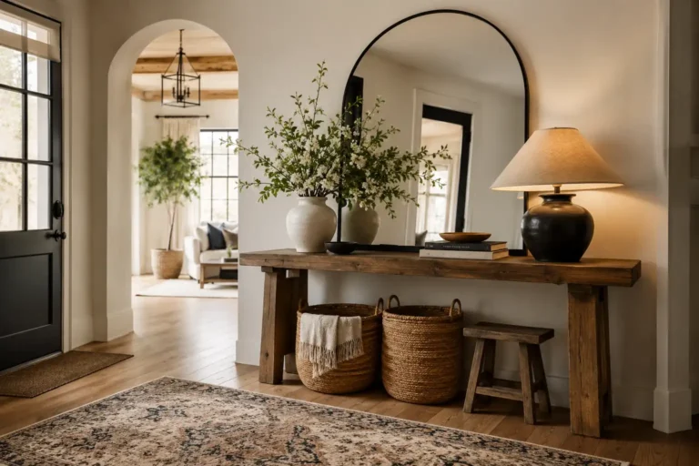 Rustic entryway table styled with a large round mirror, leafy ceramic vase, warm table lamp, stacked books, woven baskets, and a small wooden stool.