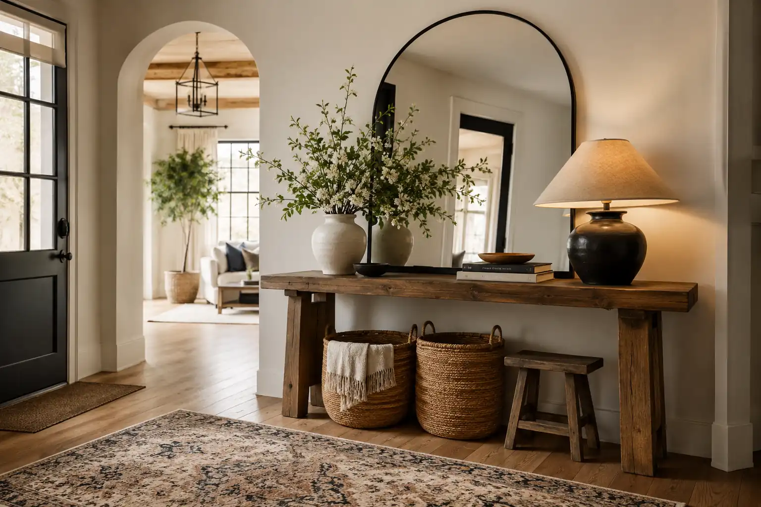 Rustic entryway table styled with a large round mirror, leafy ceramic vase, warm table lamp, stacked books, woven baskets, and a small wooden stool.